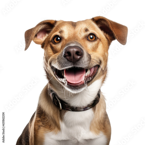 Happy mixed breed dog with a cute smile gazes at the camera. © AkuAku