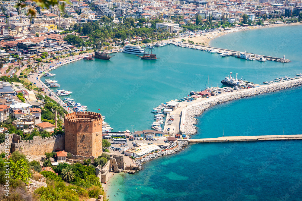 Panoramic view of the harbor of Alanya on a beautiful summer day, Turkey 