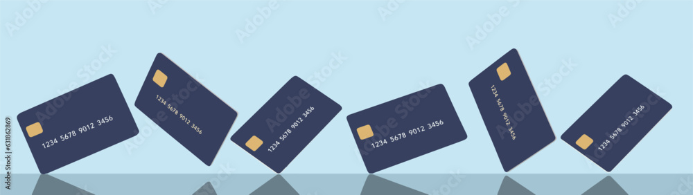 Six generic mock credit cards are seen reflected in a shiny surface design background in a 3-d illustration about finances and business. Six generic mock credit cards are seen reflected in a shiny surface design background in a 3-d illustration about finances and business.