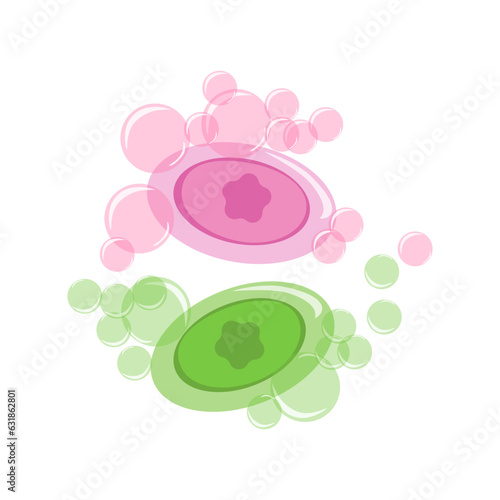 vector flat illustration - pink and green toilet soap with foam from soap bubbles. Toiletries for hand hygiene