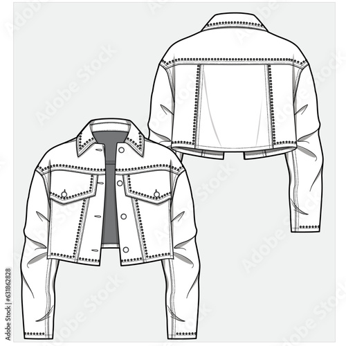 OVERSIZE EMBELLISHED CROP DENIM JACKET WITH DROP SHOULDER BACK EMBROIDERY AND ZIRCONS DETAIL DESIGNED FOR WOMEN AND TEEN GIRLS IN VECTOR ILLUSTRATIONS