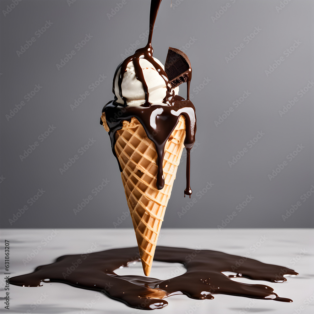 Fotografia do Stock: An ice cream cone dripping with chocolate sauce is ...