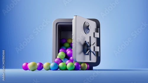 Security storage, bank vault opens and many little multicolored balls fall out. 3D animation of investment and savings