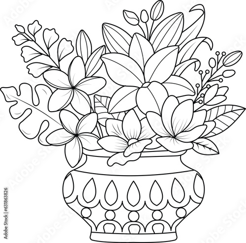 Vector illustration of a Vase with flower bouquet. coloring page for adults