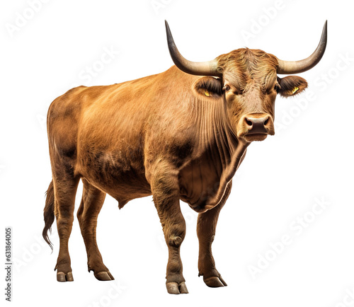 Big, strong bull with sharp horn isolated on transparent background close up
