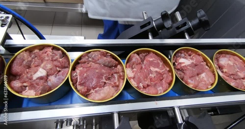 Production of canned meat. Finished cans of meat without labels are moved along the conveyor.