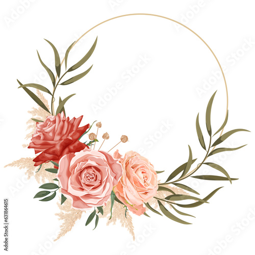 Boho, bohemian wreath with rose flowers, reeds, green leaves and dry plants. Wedding floristry.