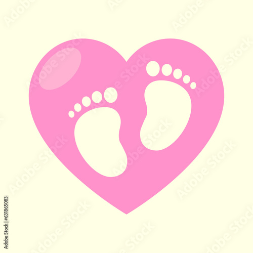 Favorite baby boy and girl feet with pink heart. The concept of love, care and motherhood.