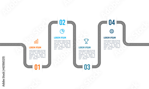 Road map business timeline 4 steps to success. Vector Illustration.