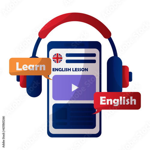 Learn english online smartphone with headphones. Phone listening. English language school, club, course. Elementary grammar, vocabulary, audio lesson. Learn foreign languages online, education.