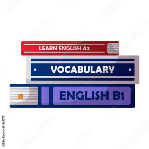 English stack of book, british internet glossary, dictionary. English language school, club, course. Elementary grammar, vocabulary, audio lesson. Learn foreign languages online, education.