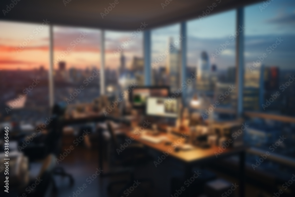 Blurred workplace with cityscape, office in the evening, interior for AI generated business presentation background Blurred workplace with cityscape, office in the evening, interior for AI generated business presentation background