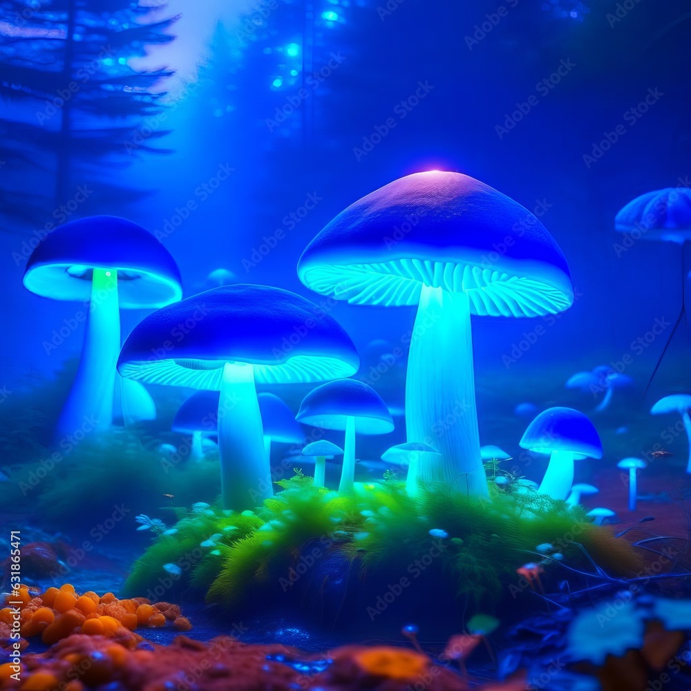 Fototapeta premium Mushrooms glow blue in the forest.