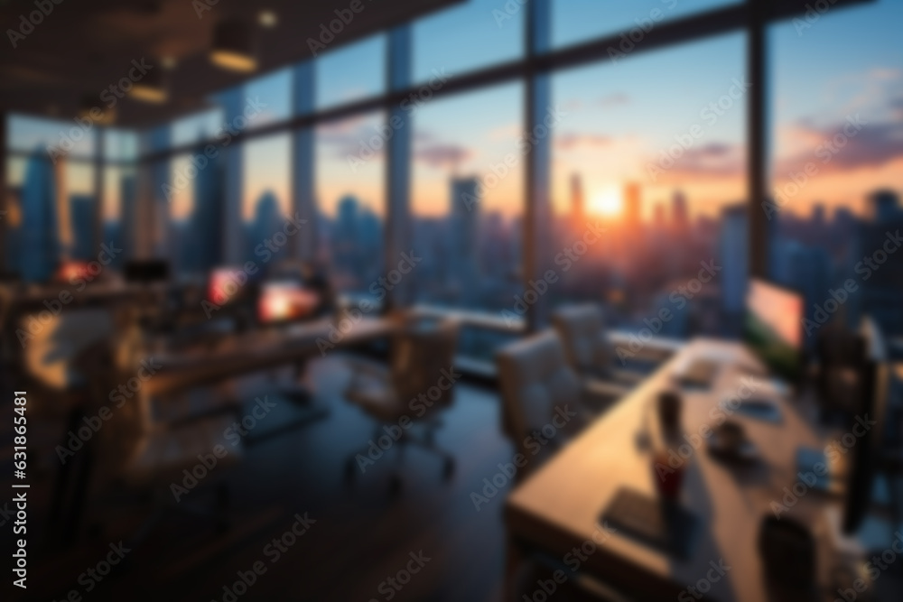 Blurred workplace with cityscape, office in the evening, interior for AI generated business presentation background
