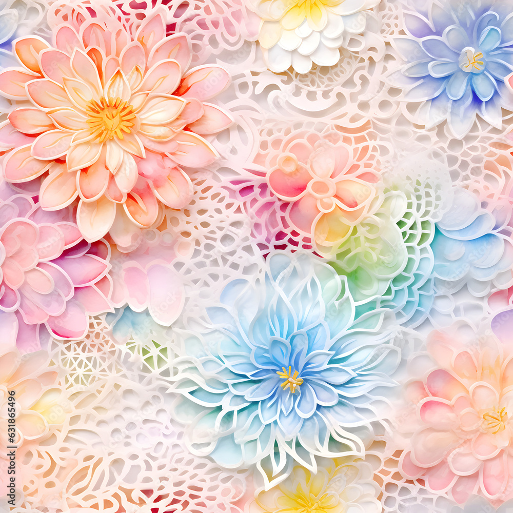 seamless pattern with multi-coloured embossed flowers in delicate pastel shades - continuous design