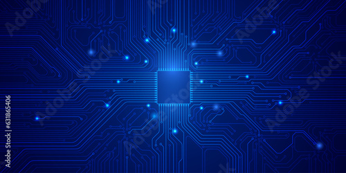 Circuit board digital CPU microprocessor data transferring technology futuristic. Blue scifi trace pattern scheme vector background.