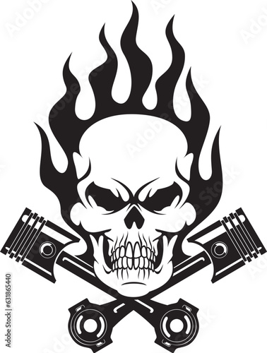 Skull in flames with crossing engine Pistons