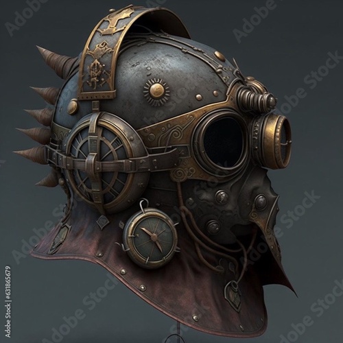 Steampunk man helmet  mask  steampunk style  close-up  on a dark background  illustration  fantasy