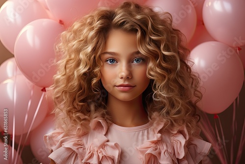 Beautiful baby doll princess girl with curly hair in a pink fluffy princess luxury dress with pink balloons on pink background. Holiday celebrations concept © Irina Mikhailichenko