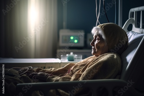 Sick senior woman in poor health sleeping in a hospital bed while hospitalized in dark room. Old woman hospitalized with copy space left. photo
