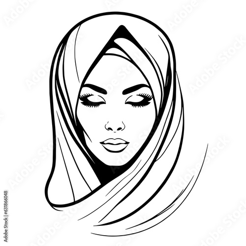 Beautiful face of an Arab girl in a hijab with closed eyes. Line art. Vector illustration
