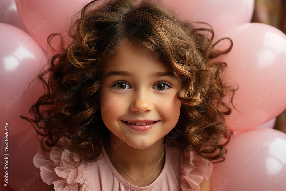 Beautiful little baby doll princess with curly hair in a pink fluffy princess luxury dress with pink balloons on pink background. Holiday celebrations concept Beautiful little baby doll princess with curly hair in a pink fluffy princess luxury dress with pink balloons on pink background. Holiday celebrations concept