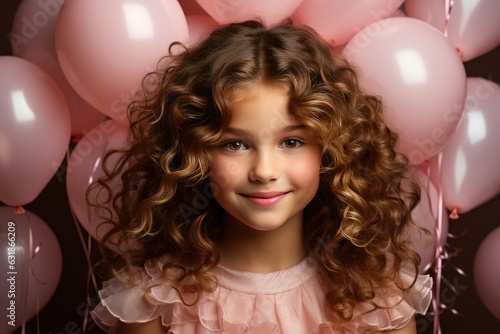 Beautiful little baby doll princess with curly hair in a pink fluffy princess luxury dress with pink balloons on pink background. Holiday celebrations concept