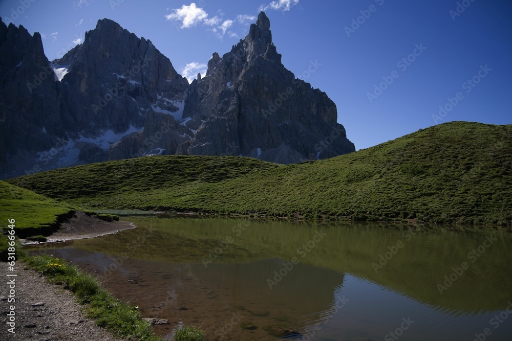 Landscape of the Dolomites under a blue sky in the Pala group in Italy