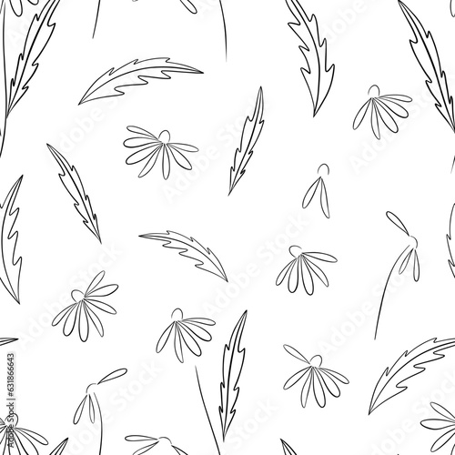 Beautiful black chamomile flowers with leaves isolated on white background. Cute floral seamless ink pattern. Vector flat graphic hand drawn illustration. The isolated object on a white background.