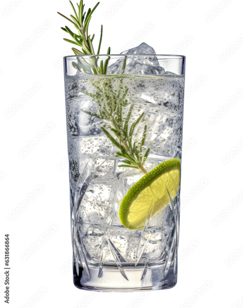 Gin Tonic, klassischer Longdrink aus Gin und Tonic Water, isoliert vor transparenten Hintergrund. Generative AI