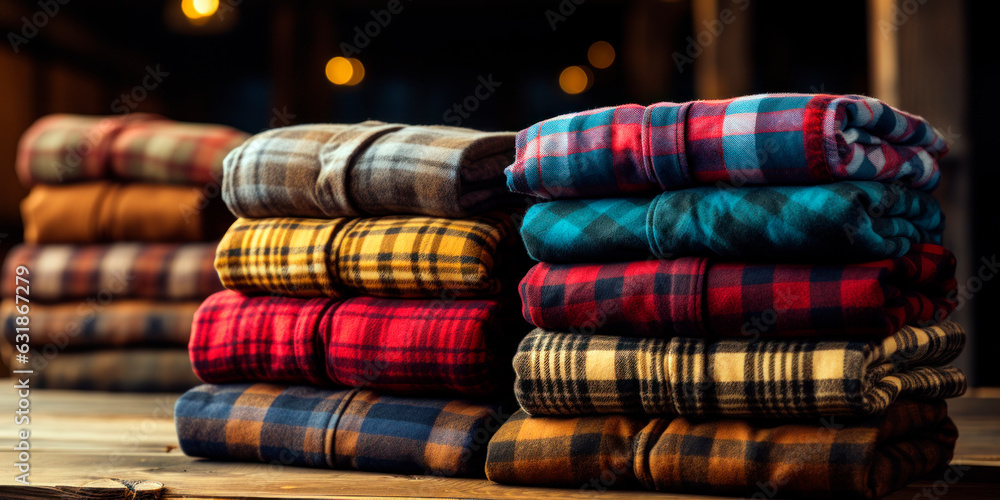 Stack of flannel shirts on a wooden shelf, Fall wardrobe, Rustic fashion Stack of flannel shirts on a wooden shelf, Fall wardrobe, Rustic fashion