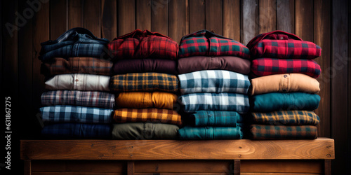 Stack of flannel shirts on a wooden shelf, Fall wardrobe, Rustic fashion photo