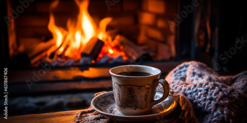 Fototapeta Rustic fireplace with crackling fire, plush throw, and a mug of hot chocolate, C