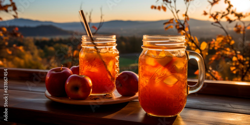 Mason jar filled with homemade apple cider with a scenic view of a countryside fall landscape, Seasonal beverages, Harvest time