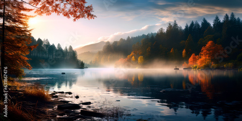 early morning mist rising over a serene lake, framed by autumn colors, Tranquil nature, Dawn beauty