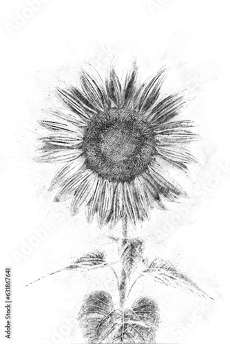 Black pencil sketch illustration of sunflower isolated in white background