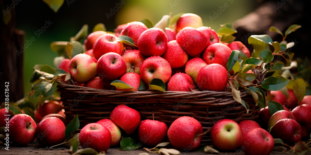 Freshly harvested apples in a basket, Autumn term Freshly harvested apples in a basket, Autumn term