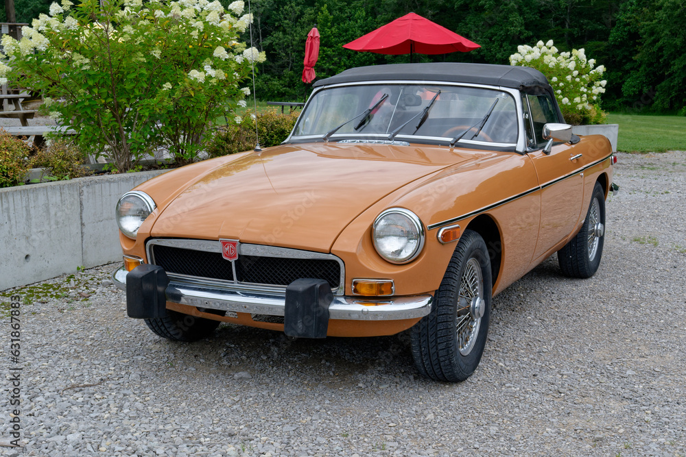 Jamestown, Tennessee USA July 22, 2023 MGB convertible car in mint condition parked outdoors