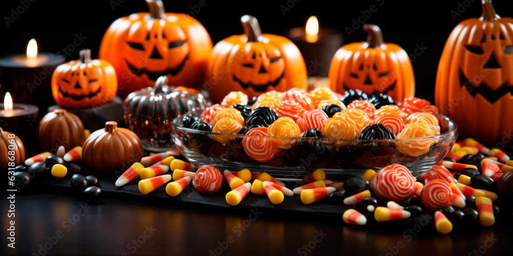 Festive Halloween candy assortment on a black tablecloth with carved pumpkins in the background, Trick or Treat, Holiday sweets Festive Halloween candy assortment on a black tablecloth with carved pumpkins in the background, Trick or Treat, Holiday sweets