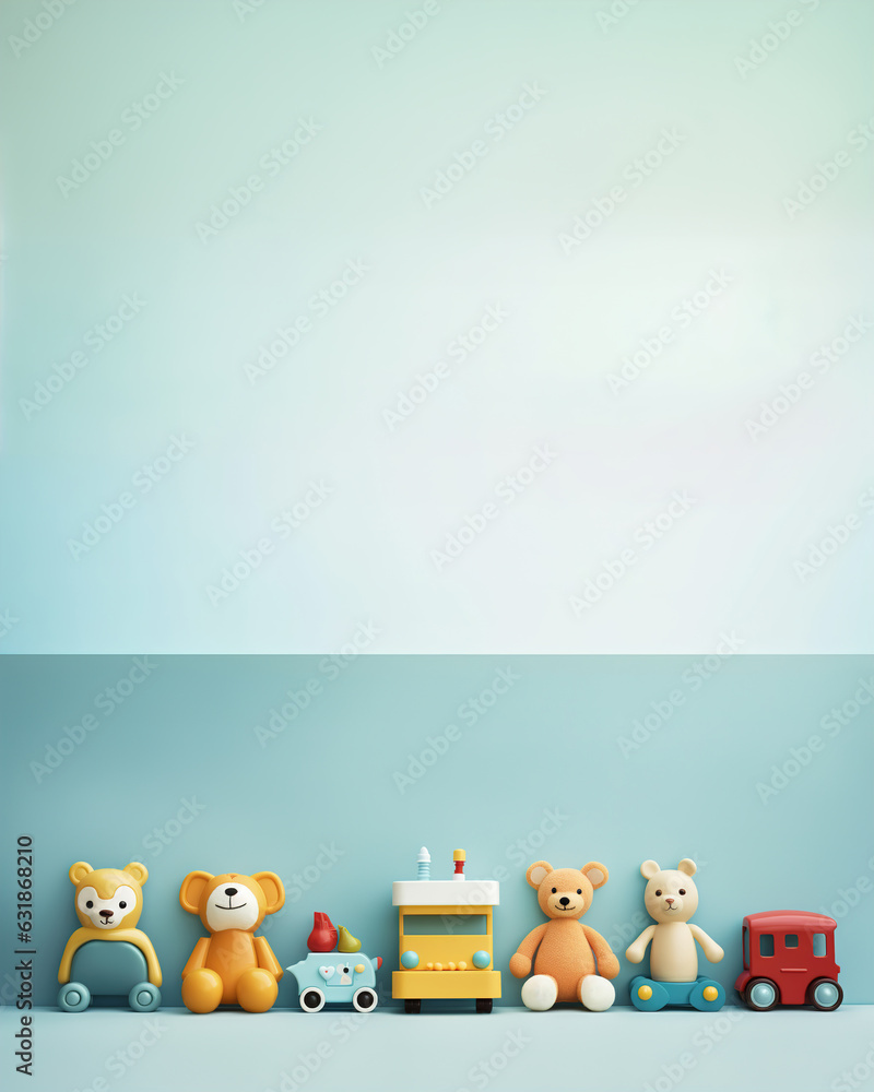 Fototapeta premium Pastek blue empty wall with row of colored toys on the floor
