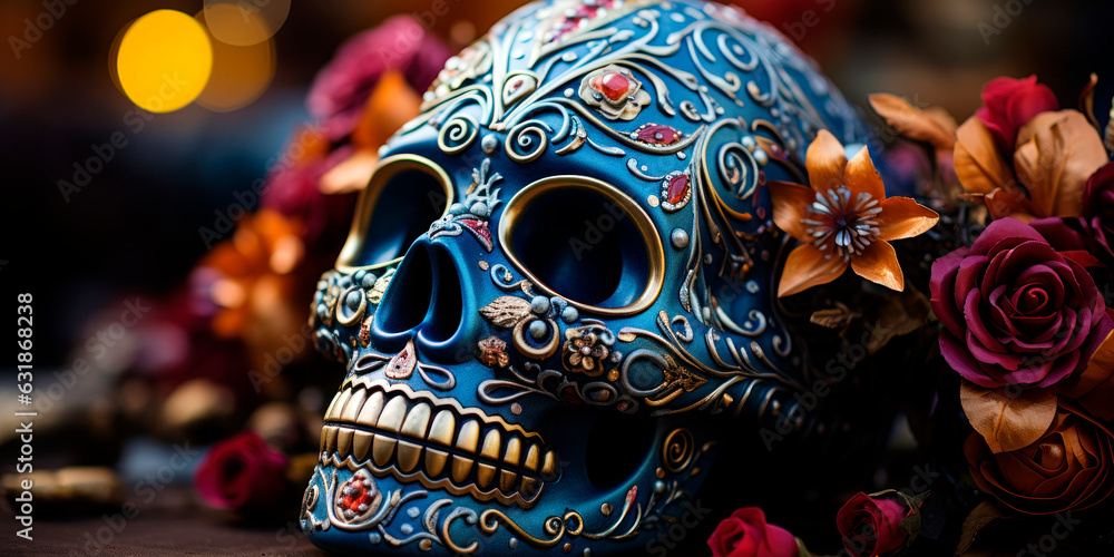 Detailed sugar skull for Dia de los Muertos celebration on an altar, Cultural Halloween, Day of the Dead