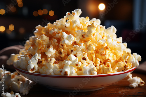 Close up of buttered popcorn on a bowl