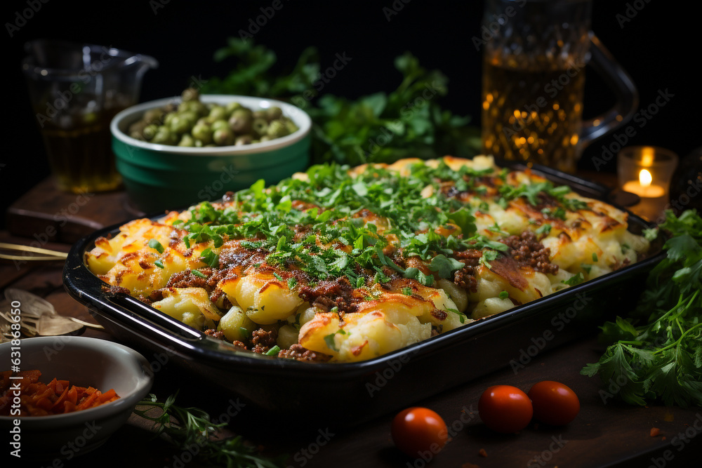 Close up of Shepherd pie with garnish dish on a cast iron skillet Close up of Shepherd pie with garnish dish on a cast iron skillet