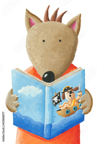 Cute wolf reading book