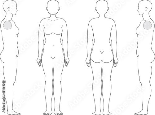 Full body illustration of a woman seen from the front, back, left and right.