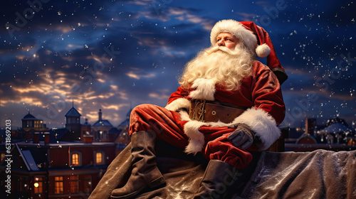 Santa Claus on a winter rooftop looking up at the stars. Christmas scene © ZoomTeam