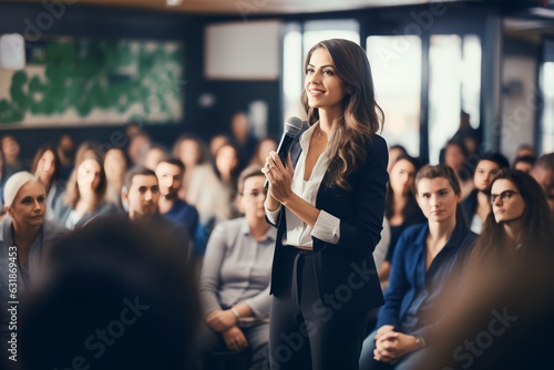 Successful female business entrepreneur professional giving seminar in front of audience