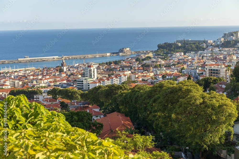 Aerial view of a cityscape, featuring its bay and residential area on a sunny day ,Madeira Island