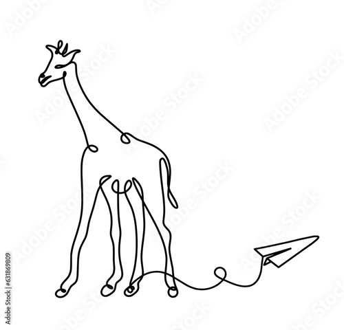 Silhouette of abstract giraffe with paper plane as line drawing on white. Vector