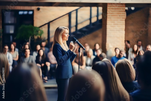 Successful female business entrepreneur professional giving seminar in front of audience